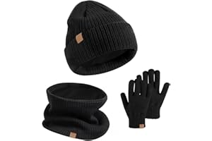 GWAWG Kids Winter Hat Scarf Gloves Set 3 PCS Warm Thermal Knitted Beanie Cap Snood Neck Warmer Touchscreen Mitten Soft Fleece Lining Elastic for Children Aged 5-12 Outdoor Sports