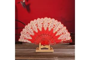 DUORIES Abanico de Tela Vintage, Abanico Plegable de Tela China, Abanico Plegable para refrescarse en Verano, Boda, Regalo, día de la Madre, Fiesta, Disfraz, Halloween, Carnaval, Baile de Mano, Color Rojo