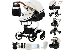 Veitoalioy Cuir PU Poussette 3 en 1, Portable Poussette Bebe Pliante, Haute vue Poussant Avant Et Arrière, Système De Voyage Pour Bébé (L518 White)