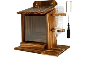 QINGLANG Squirrel Feeder Just for Squirrels with Water Bottle Roof Wooden Squirrel Feeding House Wall Mount Corn Cob Feeder for Peanut Chipmunk Feeding Station for Outside Garden Backyard Patio 22x17.7x25 cm