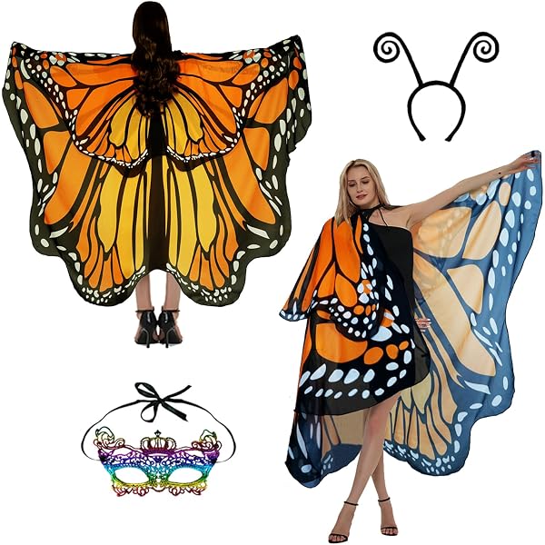 Costume De Papillon Complet Pour Femme - Ailes 168x136cm + Jupe + Serre-tête + Masque - Pour Halloween Et Fêtes