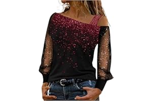 GENERISCH Weihnachts Tshirt Damen Sexy Schulterfrei Glitzer Mesh Langarmshirt Weihnachtspullover Festliche Oberteile Pullover Lustig Langarm Shirt Weinglas Bluse Tops Elegant Weihnachtsbluse Weihnachtspulli
