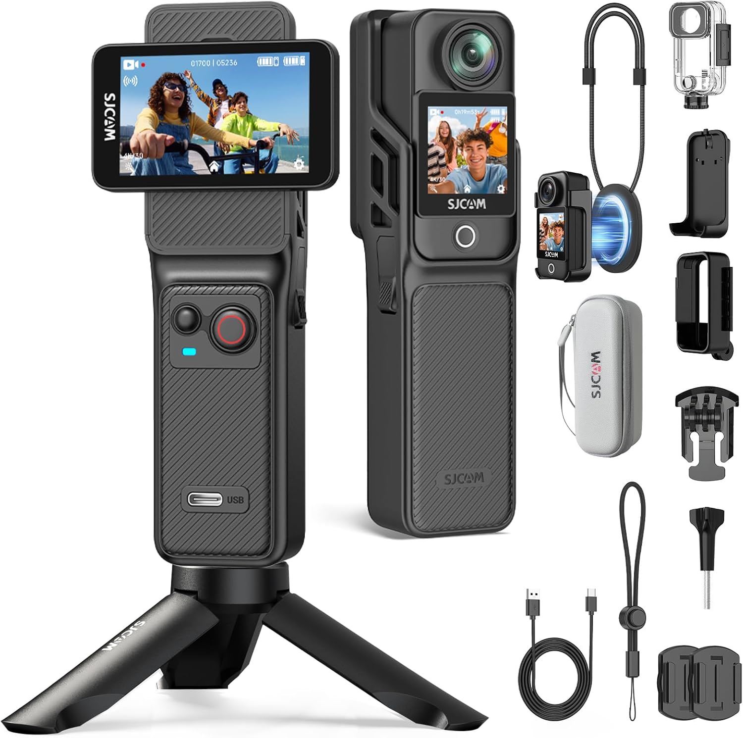 SJCAM C400 Paquete para Vlog 4K(Sin Tarjeta de Memoria), 7 Horas de Autonomía, Pantalla Táctil de 2.29", Estabilización de 6 Ejes, Cámara Deportiva Sumergible para Moto, Casco, Buceo y Youtube, Negro
