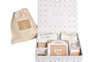 Boite à Papa avec des cadeaux tendres et humoristiques pour futur et jeune papa : pochon, sucette, bavoir, 10 commandements, couche, bons pour..., carte.