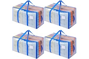 Dntorx 4 Pack 105L Clear Moving Bags Clothes Storage Bags Heavy Duty Moving Totes Packing Box with Zips for Clothes Bedding Duvet Toys Storage Blue