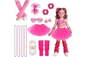 PUERFOCA 80s Accesorios de Traje de Vestido Mujer y Niña, 21pcs Accesorios Mujer Con Tutu Guantes de Rejilla Calentadores de Pierna Pulsera, Juego de Años 80 Disfraces Fiestas Neon Party Cosplay