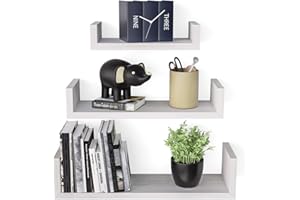 SRIWATANA Floating Shelves, Solid Wood and U-Shaped, Modern Wall Shelves Set of 3, Wall Mounted Display Shelf for Bedroom, Living Room, Kitchen and Office (White)