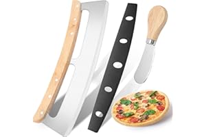 BOCHION Pizza Cutter Set with Butter Knife, 14 inch Large Pizza Cutters Rocker with Protective Cover & Wooden Non Slip Handle, 304 Stainless Steel Pizza Slicer for Homemade Pizza Dough Bread Cake (2 Pack)