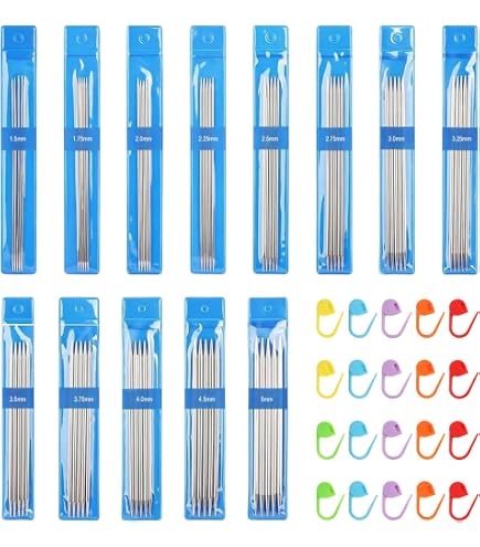 Coopay Set di Ferri da Maglia a Doppia Punta, 11 paia di Ferri da Maglia in Acciaio Inossidabile da 20cm con Confezione in Rotolo, 2mm - 6,5mm, Ferri da Maglia in Metallo