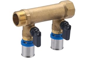 Colector macho-hembra 3/4 con 2 salidas multicapa a prensar Ø20 y válvulas | Latón | Conexión segura, duradera y precisa | Ideal para fontanería | Fácil instalación | QUICK PLOMBERIE