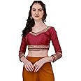 Pujia Mills Women's Milan Silk Heavy Embroidery with Sequins Worked Full Sleeve Fancy Saree Blouse