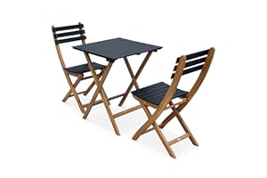 Alice's Garden sweeek - Mesa de jardín de Madera Bistro 60x60cm - Barcelona - Negro, Mesa Plegable Cuadrada Bicolor con 2 sillas Plegables, Acacia
