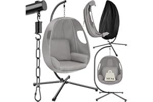 tectake® Poltrona Sospesa con Cuscino Extra Spesso, Poltrona Amaca da Giardino con Schienale e Braccioli Imbottiti, Girevole, Regolabile, Telaio in Acciaio, Antiscivolo - Grigio Chiaro