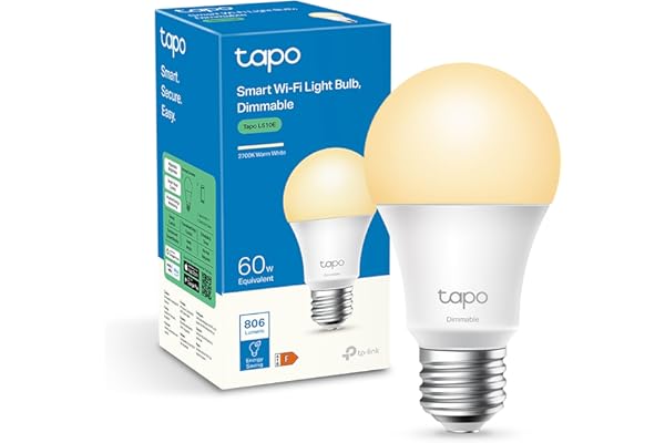 Tapo TP-Link L510E - Bombilla LED Inteligente, Bombilla WiFi sin necesidad de Hub, Blanco Cálido 2700K, Regulable,E27, 8.7W/ 806lm, Compatible Alexa, Echo y Google Home