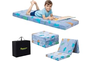 MeMoreCool Foldable Floor Mattress for Kids, Glow Dinosaur Toddlers Trifold Nap Mat, Kids Folding Mattress Portable Sleeping Futon for Daycare or Floor Bed, 57x22 Inch Blue