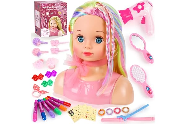LumenVela Têtes à Coiffer Enfant, Jouet de Coiffure pour Fille, Lavables Poupée de Tête de Coiffure pour Enfant, Tête de Poupée pour Fille Cadeau pour Anniversaire, Noël pour à Partir de 3 Ans
