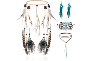 LOLIAS 4 Pièces Coiffe Indienne Ensemble Collier Cuir Boucles d'oreilles Plumes pour Femmes Bracelet Fait Main Vintage Boho Hippie Tribal Thème Fête Carnaval Bijoux