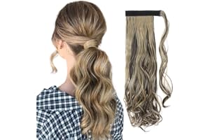 S-NOILITE Una pieza cola de caballo Extensiones de Clip de Pelo Natural Wrap around Ponytail Cinta mágica en Pedazo de cabello 43cm Rizado Marrón oscuro & rubio ceniza