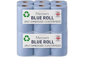 Meown Blue Centrefeed Roll 2-Ply – Heavy Duty Embossed Cleaning Towels | Perforated, Absorbent Blue Paper & Industrial Tissue Roll for Kitchen, Garage, Home, Commercial Use – Pack of 2 (12 Rolls)