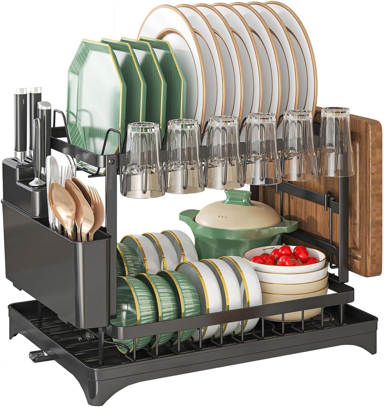 MIMOCASA Escurreplatos sobre Fregadero, Escurreplatos Acero Inoxidable de 2 Niveles Gran, Escurridor de Platos con Desagüe Soporte para Utensilios y Portavasos, Negro