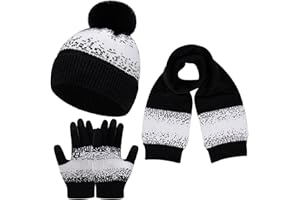 Baynetin Jeu de Gants D'écharpe de Bonnet d'hiver pour Les Femmes Hommes Couples - Chaud Tricot Flocon de Neige Pom Chapeau, Snood/écharpe Longue, Gants à écran Tactile 3 Pièces