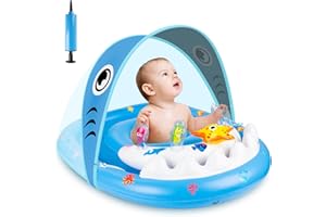LVELFE Baby Swimming Float, Inflatable Baby Float with UPF50+ Sun Protection Canopy & Toy Play Console, Infant Inflatable Seat Swimming Adjustable Safety Seat, Toddler Pool Foat Ring for Newborn 6-36 Months