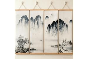 Noamus 4 Pack Landscape Painting, China Fir Wooden Frame Hanger, Chinese Traditional Wall Art, Hanging Scroll Poster Canvas Artwork, Black White Ink Decor for Bedroom Living Room Office Home(12"x38")