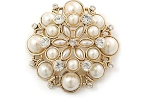 Avalaya Large Layered Bridal Simulated Pearl, Crystal Brooch in Gold Plating - 60mm Diameter