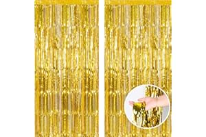CHENQI 2pcs 3.2ft x 6.5ft Foil Fringe Curtain Door Curtains, Metallic Tinsel Curtains Streamers for Birthday Graduation Wedding Engagement Bridal Shower Bachelorette Holiday Party Decoration (Gold)