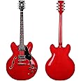 Musoo 335 Style Jazz Electric Guitar, Flame Maple top Semi-Hollow Body, Chromed Hardware