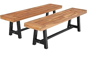 MFSTUDIO Wooden Garden Bench 3 Seater, 100% Acacia Wood Bench, Weather-Resistant, Surface Pre-treated with oil, Outdoor Porch Patio Park Seat Chairs, Teak Color (2)