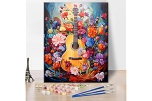 TISHIRON DIY Paint by Number for Adults Beginner, Guitar with Flowers Colorful Wall Art Music Print Painting by Numbers Kits for Adults Paint Kits for Home Decor 16 * 20 in