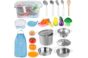 D-FantiX Pretend Play Toy Kitchen Accessories Pots and Pans Kids Kitchen Playset, Utensils, Apron and Chef Hat, Cutting Vegetables Play Cooking Set for Toddlers Boys and Girls