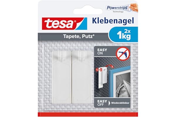 tesa Clou Adhésif pour Papier Peint & Plâtre 1kg - Paquet de 2 Clous Adhésifs et 6 Languettes Adhésives