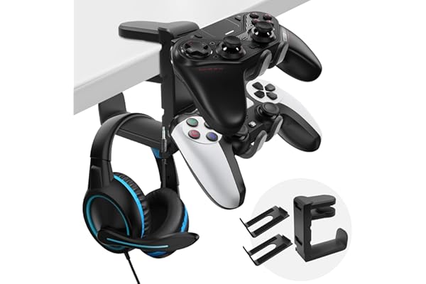 OBYCPIN Support Casque et 2 Manettes sous Bureau 2 en 1 Pince DualGrip Rotation 360° Gain de Place Gestion de Câble Patins Silicone Protection Plateau 1–4 cm Setup Gaming Propre Installation Rapide