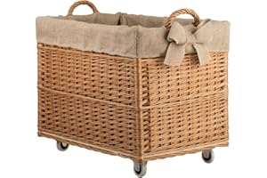 e-wicker24 Alles aus Weide - Cestino per camino, rettangolare, in vimini, con ruote, con fodera in iuta