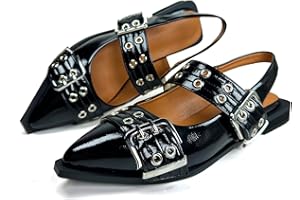 Roimaash Stylish Metal Hebilla Belt Planos Patent Black para mujer Slingback Plano Pumps