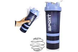 ELITEVA Shaker Proteinas 500ml 3 En 1 - Mezclador De Proteinas Con Varios Compartimentos, Botella Gimnasio Con Bola Mezcladora, Vaso Mezclador Proteinas Para Batidos Cremosos. Sin Fugas Y Bpa Libre (Azul)