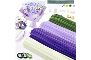 AECHO 400 Pièces Cure Pipe Chenille,Cure-pipe à Bricoler Set,Dense et Moelleux Fil Chenille,avec Tige Fleur,Ruban,Étamines,papier cadeau,pour Bouquets de Tulipes,DIY et Décoration(Violet）