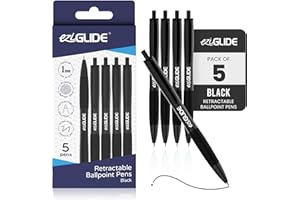 Eziglide Retractable Ballpoint Pens, Pack of 5 Pens Black Ink, Smooth Writing Ballpoint Pens for Writing, Note-Taking & Everyday Use, Great for Office, School & Home