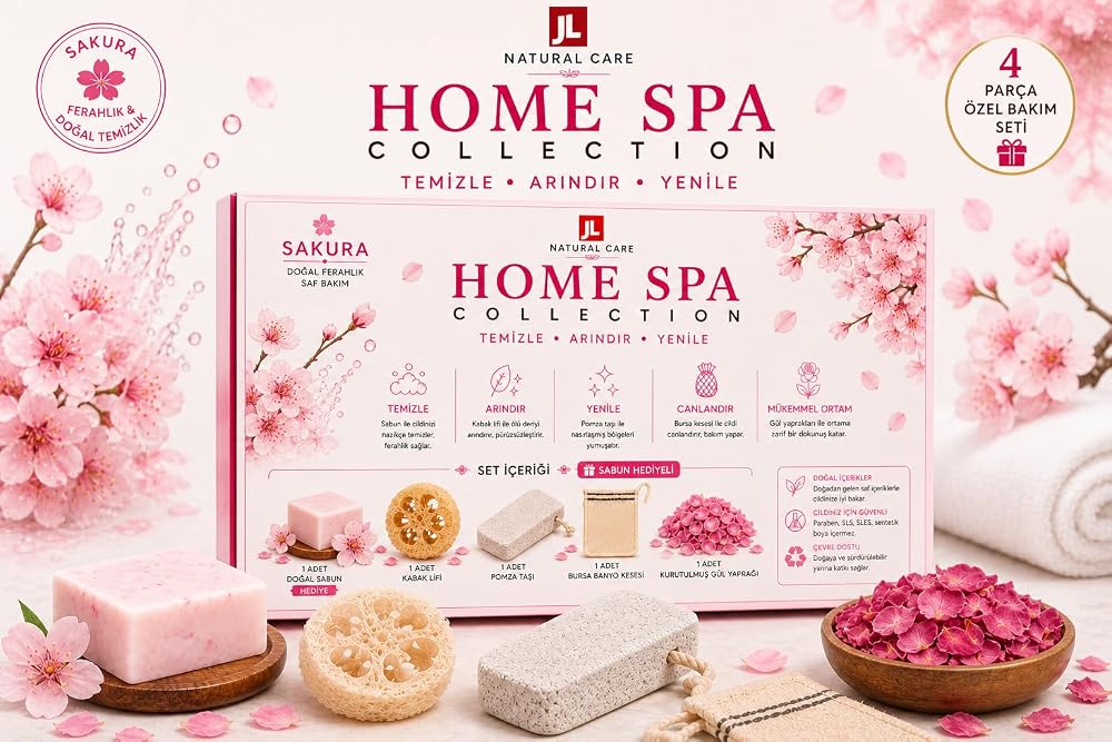 JL Natural Care Sakura Çiçeği) Sabun hediyeli 4 Parçalı Doğal Cilt Bakım Seti, Kabak Lifi, Pomza Taşı, Bursa Kesesi, Kurutulmuş Gül Yaprağı (Sakura Çiçeği)