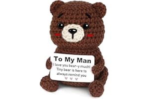 CHERIGIFT Birthday Gifts for Boyfriend Husband, Gifts for Men Christmas - To My Man Handmade Crochet Teddy Bear with Message Card 'I Love You Bear-y Much' - Romantic Christmas or Valentines Presents for Him
