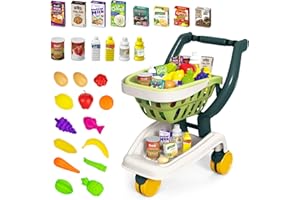 KalaDuck Niños Carro Compra Juguete, 35PCS Carrito de Supermercado Plegable, Cesta de Compra Desmontable con Accesorios para Comida de Juguete de Frutas y Verduras, Juguetes de Tienda de rol (Verde)