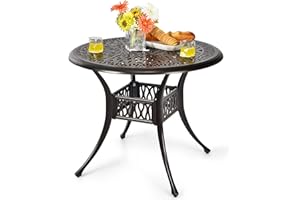 RELAX4LIFE Garden Table, Patio Round Bistro Table with Umbrella Hole, Outdoor All-Weather Dining Table for Balcony Backyard Poolside (91 x 91 cm, Round)