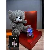 Cute Gray Bear, Saturn Globe And Lotus Necklace Inside Lapidaria Valentine Gift Box