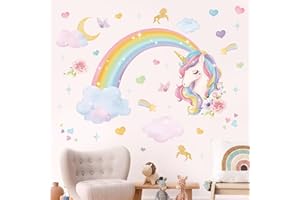 wondever Stickers Muraux Arc en Ciel Autocollants Muraux Mural Stickers Licorne Chambre Fille Nuage Étoile pour Chambre Enfants Bébé Pépinière