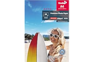 KOALA Carta fotografica lucida per getto d'inchiostro A4 250 g/m² 50 fogli, con rivestimento in resina avanzata ad alta lucentezza premium per stampante a getto d'inchiostro Canon Hp Epson
