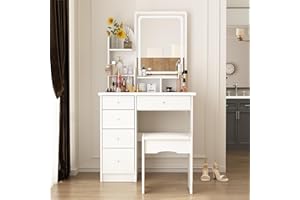 DEZAGCE Tavolo da toeletta con luci a LED in 3 colori e grande specchio, tavolo da toeletta con 5 cassetti, tavolo da toeletta con sgabello, tavolo da toeletta grande ripiano, bianco, MDF, 80 L x 40 P
