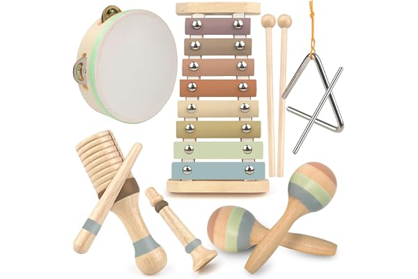 Set Musical Boho Stoie’s en Bois pour Enfants 1-9 Ans : Xylophone, Tambourin, Triangle, Maracas. Éducatif, Montessori, Couleurs Naturelles, Sac Coton, Sons Nets et sûrs