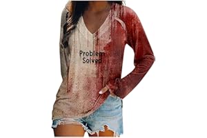 HSUAYEUD T Shirt Problem GelöSt Halloween Aufdruck lässig für Damen Horror Shirt Langärmliger V-Ausschnitt blutiges Hemd